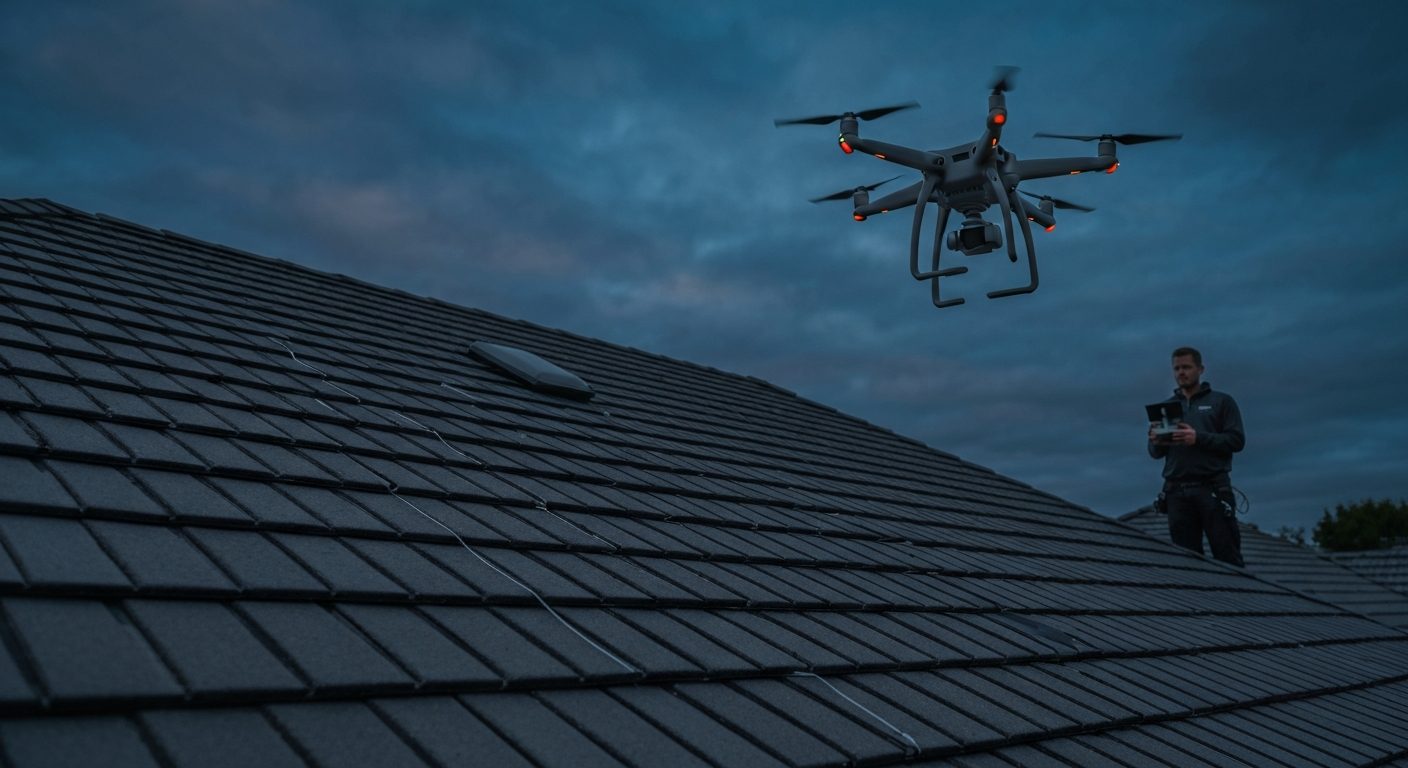 Aerial drone view of a residential roof and exterior