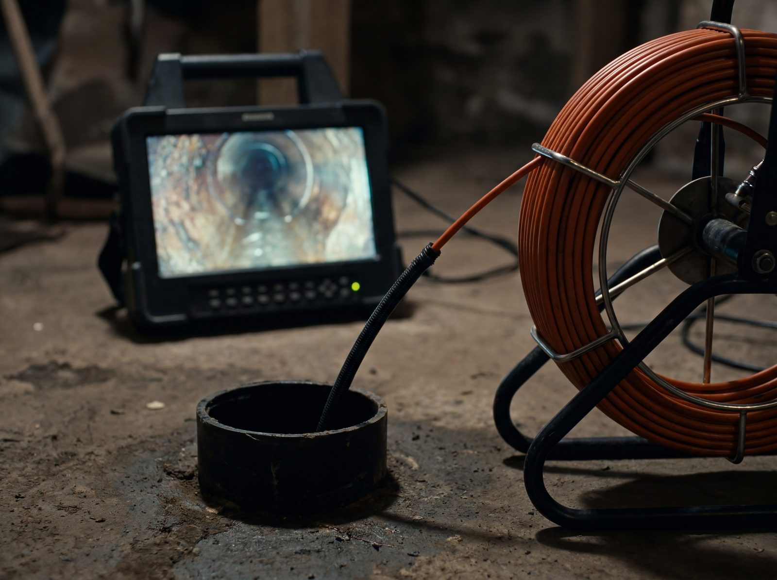 Sewer scope camera scanning the main sewer line