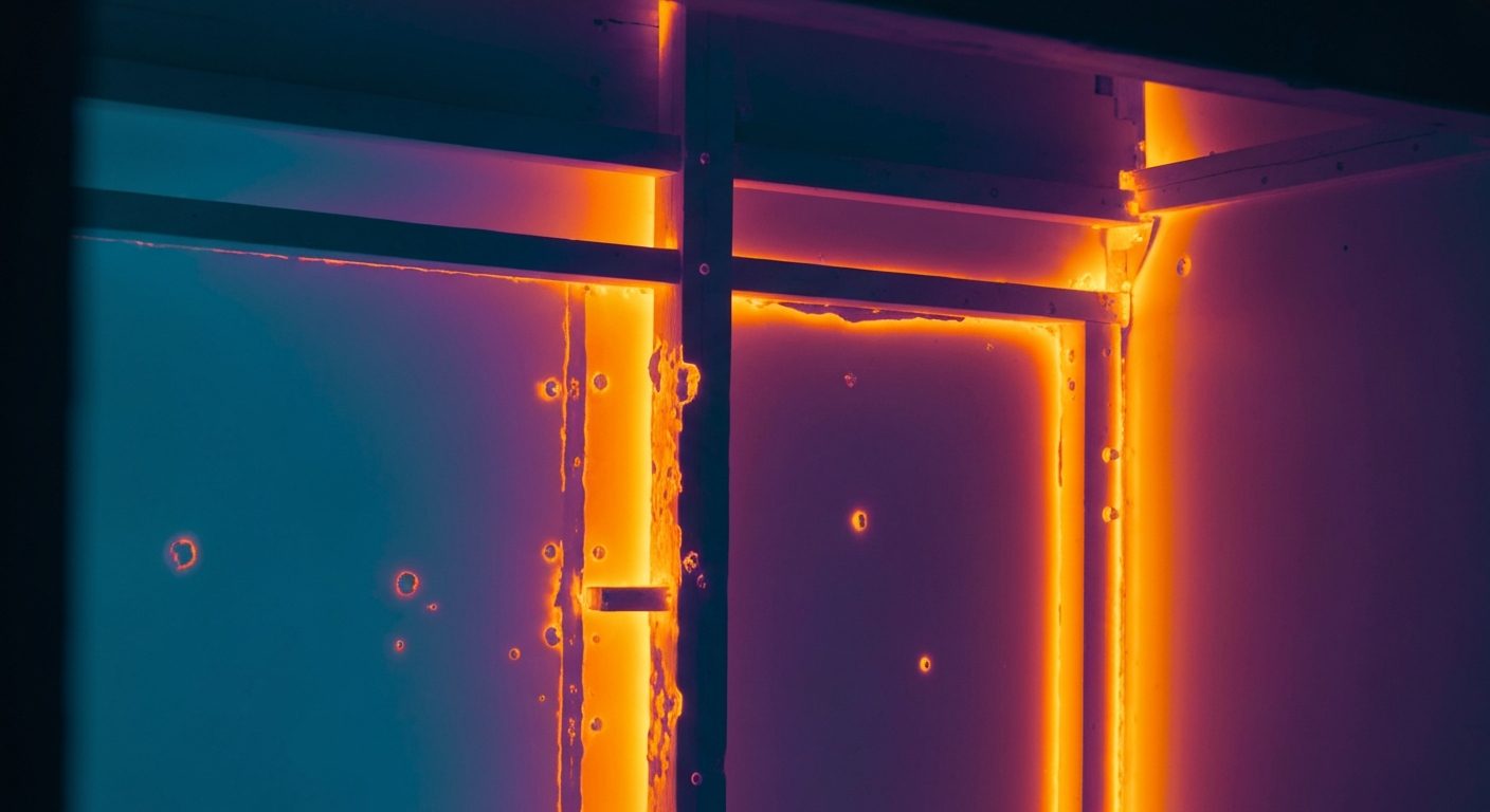 FLIR thermal imaging scan of an interior wall showing moisture intrusion